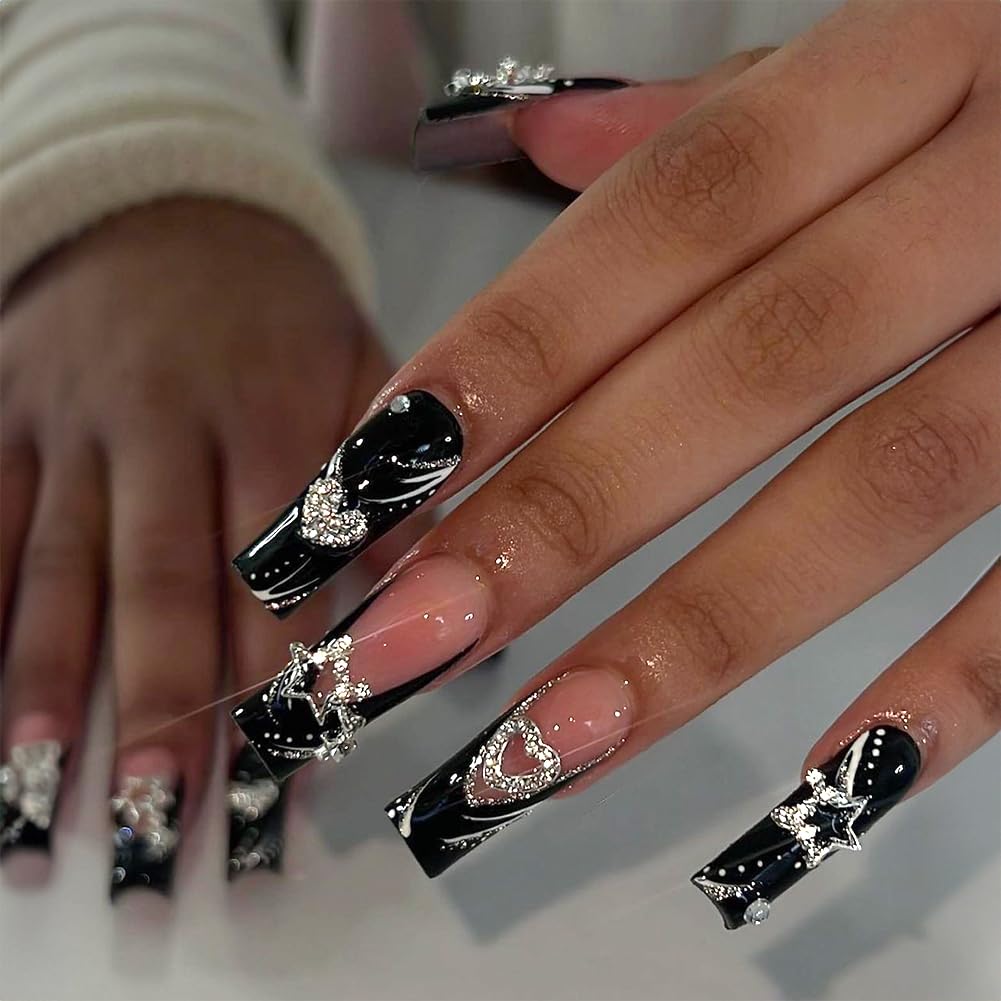Long Press on Nails Black French Tip Long Fake Nails Coffin Press on Nails Square Black False Nails with Silver Star Charm Design Acrylic Nails Press on Artificial Nails Stick on Nails For Women-24Pcs - Image 7