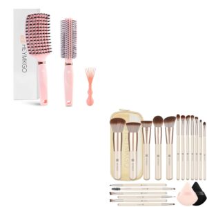 HEYMKGO 18Pcs Makeup Brushes & 3Pcs Hair Brush Set with Detangling Brush & Round Brush & Hair Cleaner Tool