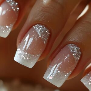 White French Tips Press on Nails Short Square Fake Nails Silver Glitter Acrylic Sparkly False Nails Glitter Stick on Nails Reusable Full Cover Artificial Nail for Women DIY Nail Art Decoration 24Pcs