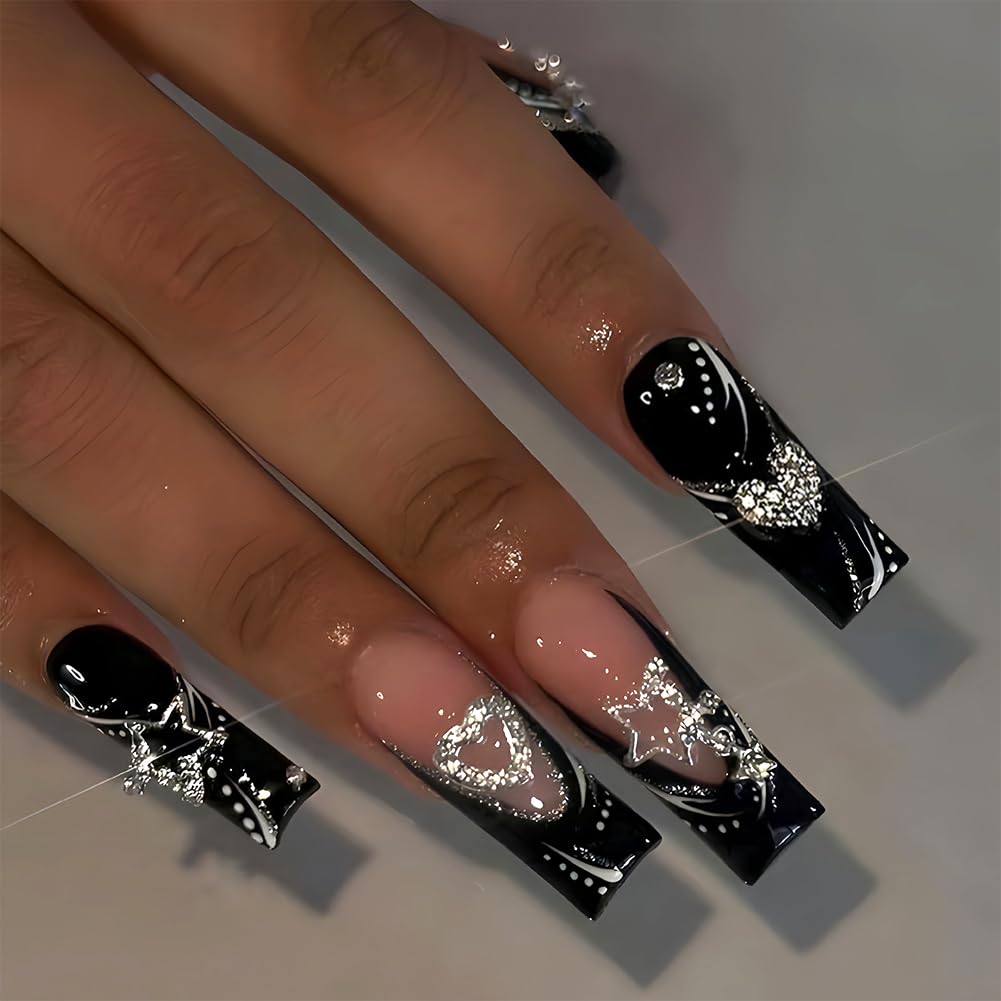 Long Press on Nails Black French Tip Long Fake Nails Coffin Press on Nails Square Black False Nails with Silver Star Charm Design Acrylic Nails Press on Artificial Nails Stick on Nails For Women-24Pcs