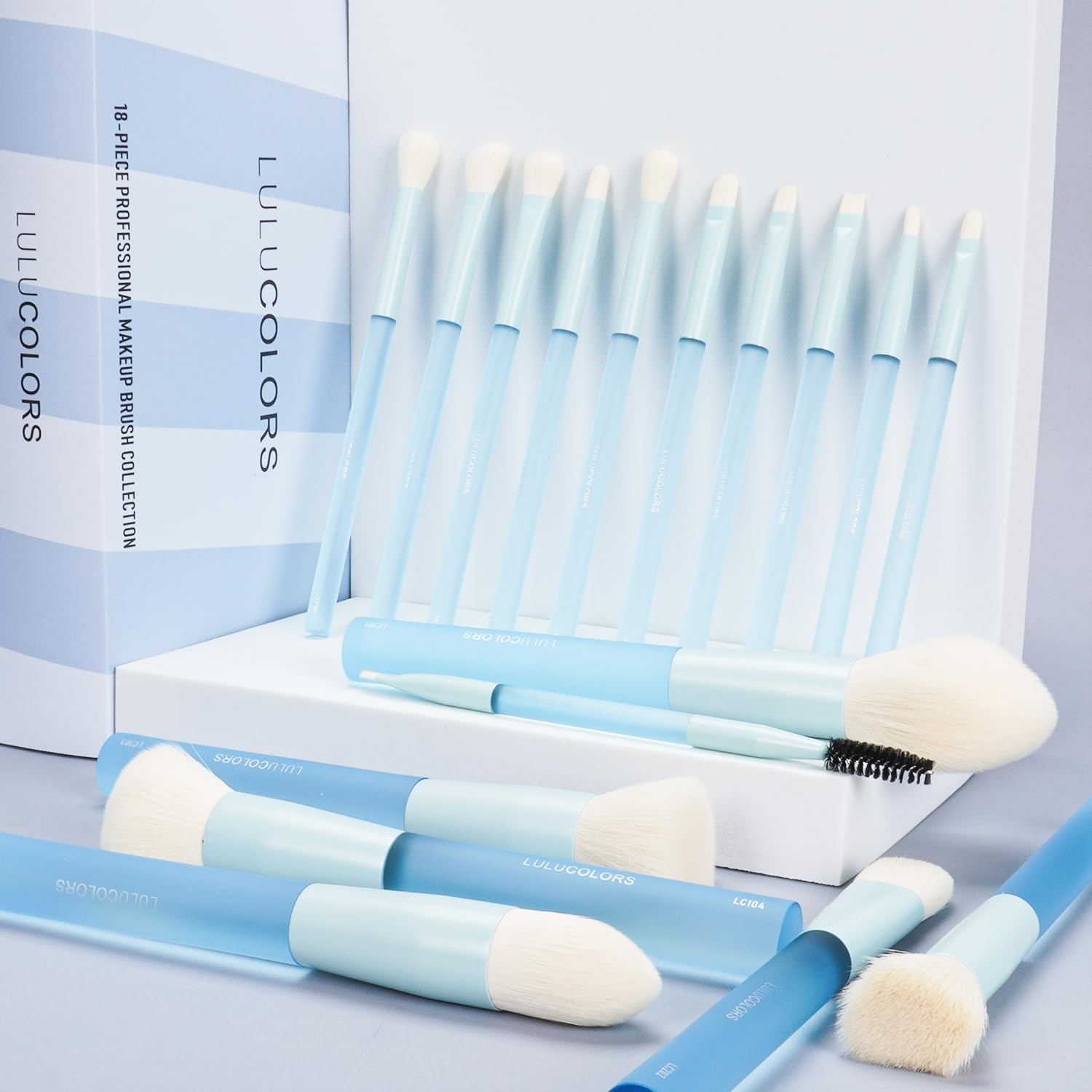 18-Piece Light Blue Professional Makeup Brush Set – Translucent Rubberized Handles, Soft Synthetic Bristles for Face & Eye Makeup – Includes Travel Bag & Sponges,Complete Brush Collection - Image 7