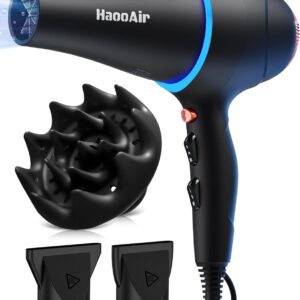 Hair Dryer with Diffuser, Professional Ionic Hair Dryer with Blue Light AC Motor, 2000W Fast Drying Hair Blow Dryer Low Noise Care Hairdryer for Women (Black with 2*Nozzle+Diffuser)