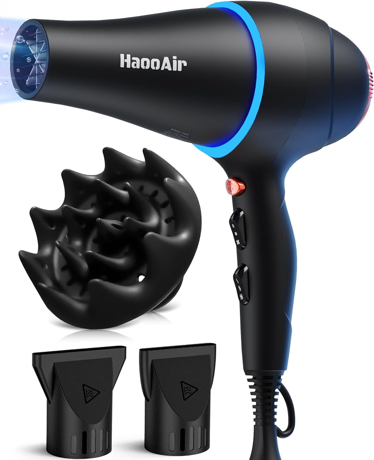 Hair Dryer with Diffuser, Professional Ionic Hair Dryer with Blue Light AC Motor, 2000W Fast Drying Hair Blow Dryer Low Noise Care Hairdryer for Women (Black with 2*Nozzle+Diffuser)