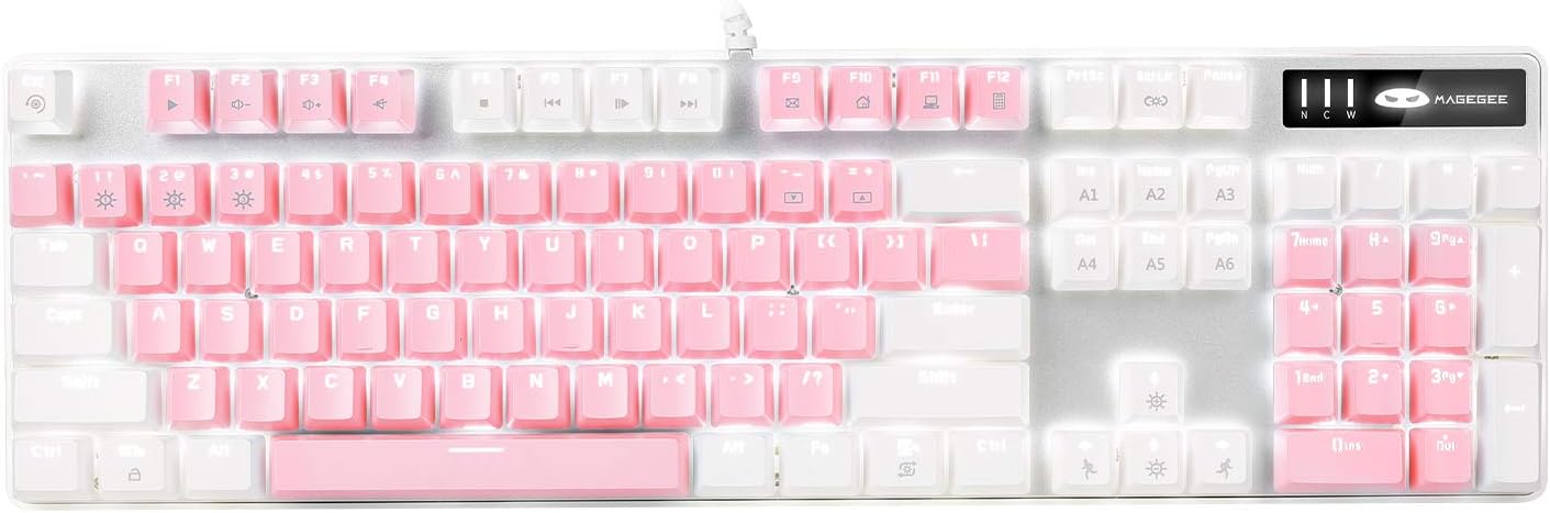 MageGee Mechanical Gaming Keyboard, New Upgraded Blue Switch 104 Keys White Backlit Keyboards, USB Wired Mechanical Computer Keyboard for Laptop, Desktop, PC Gamers(White & Pink)