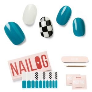 NAILOG Semi Cured Gel Nail Strips (20 Extra Long Checkered Polish Stickers/Wraps) │ Glossy & Long Lasting Soft Gel Finishing (Full Speed)