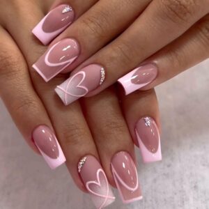 Medium Press on Nails Square Glue on Nails Light Pink French Fake Nails 3D Rhinestones Acrylic Nails Heart False Nails Cute & Reusable Stick on Nails for Women 24 Pcs