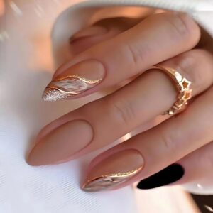 Almond Press Nails - Brown False Nails With Gold Line Marble Texture Designs, Full Cover Stick on Acrylic Artificial Nails for Women Girls, 24Pcs