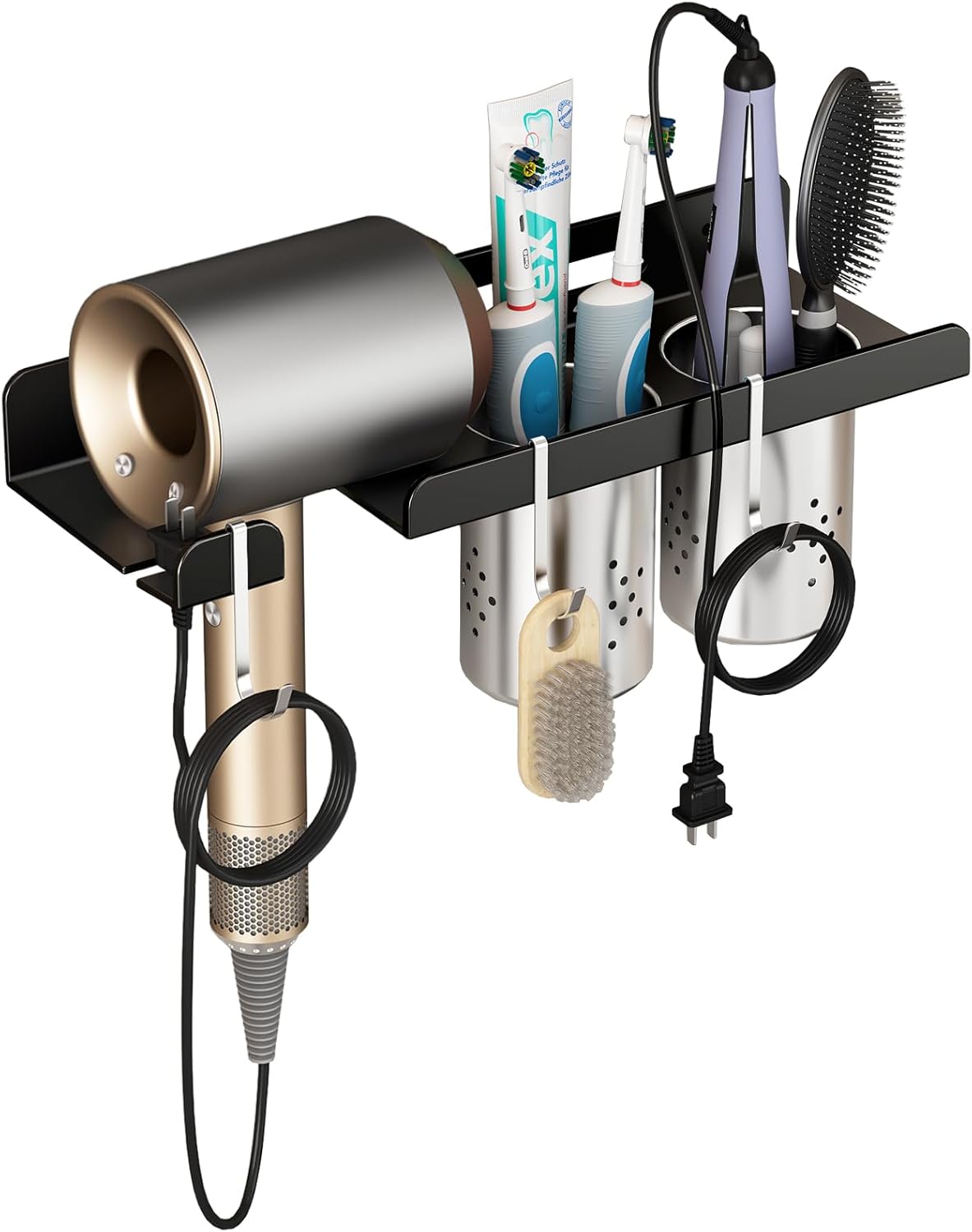 Hair Tool Organizer Wall Mount,Self Adhesive Hair Dryer Holder for Bedroom & Bathroom,Blow Dryer Holder for Dyson Hair Dryer,Stainless Steel Cups for Medium or Small Bathroom Storage 4" Width
