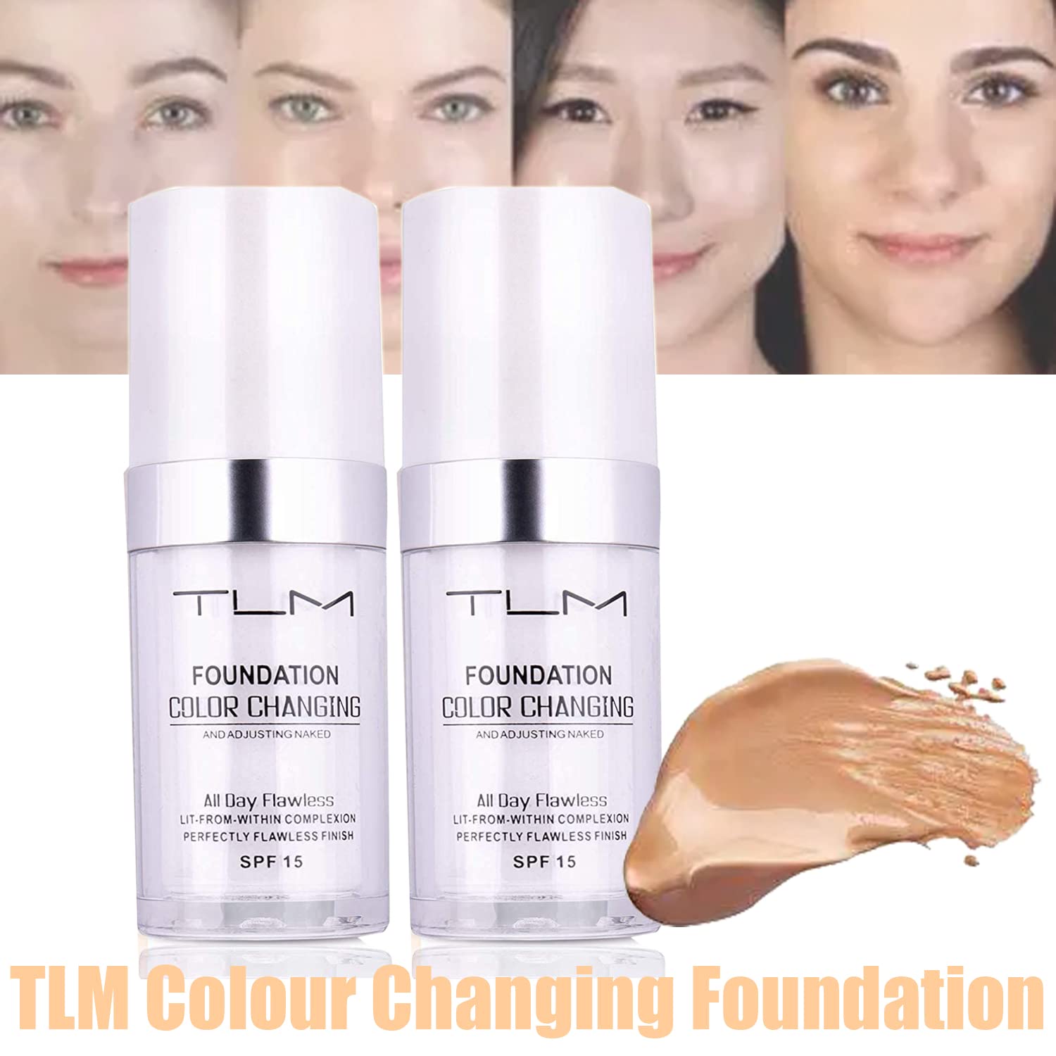 2Pcs 30ml TLM Colour Changing Foundation Makeup Concealer Cover Cream Full Coverage Flawless Liquid Base Nude Face Liquid Cover Concealer Change Skin Tone All-Day Moisturizing Foundation for Women&Girls - Image 2