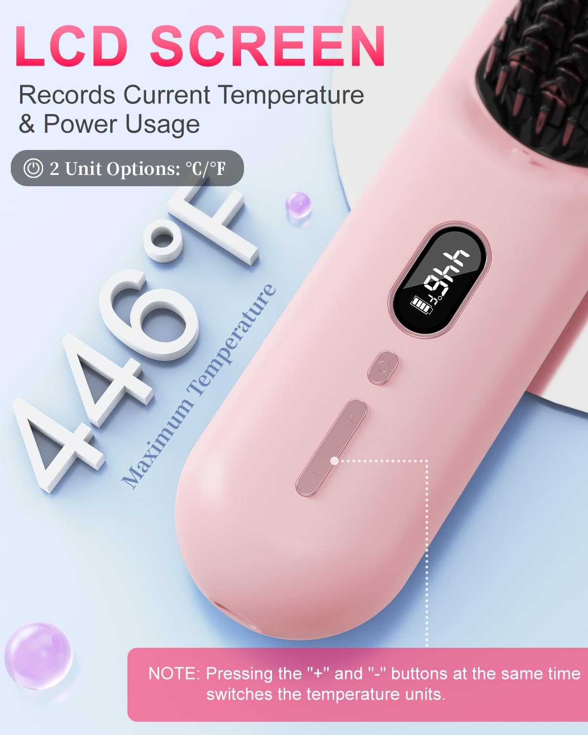 Cordless Hair Straightener Brush with 200 Million Anion, Portable Comb for Travel with LCD Display, 2 Clips - Pink - Image 4