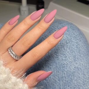 Matte Pink Press on Nails Medium Stiletto Almond,KQueenest Acrylic Nails Reusable Fake Nails Press ons with Feature Protective Coating for Women in 24PCS