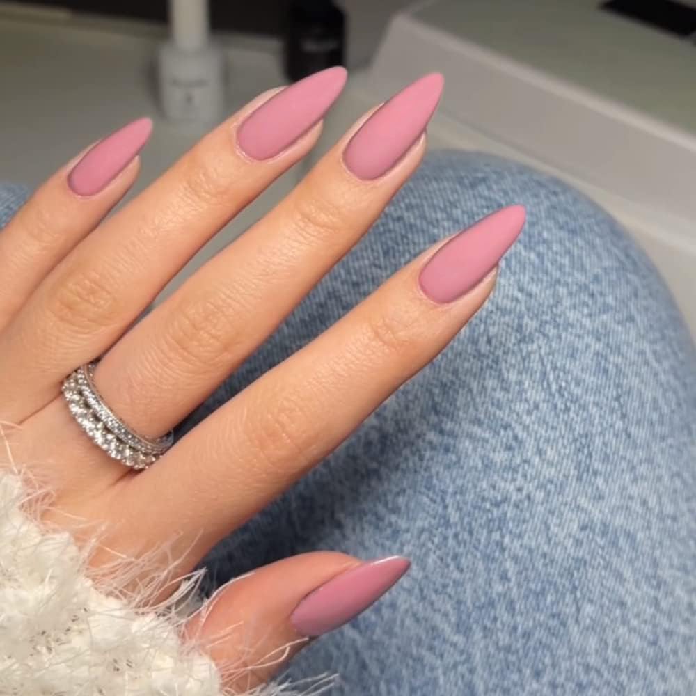 Matte Pink Press on Nails Medium Stiletto Almond,KQueenest Acrylic Nails Reusable Fake Nails Press ons with Feature Protective Coating for Women in 24PCS