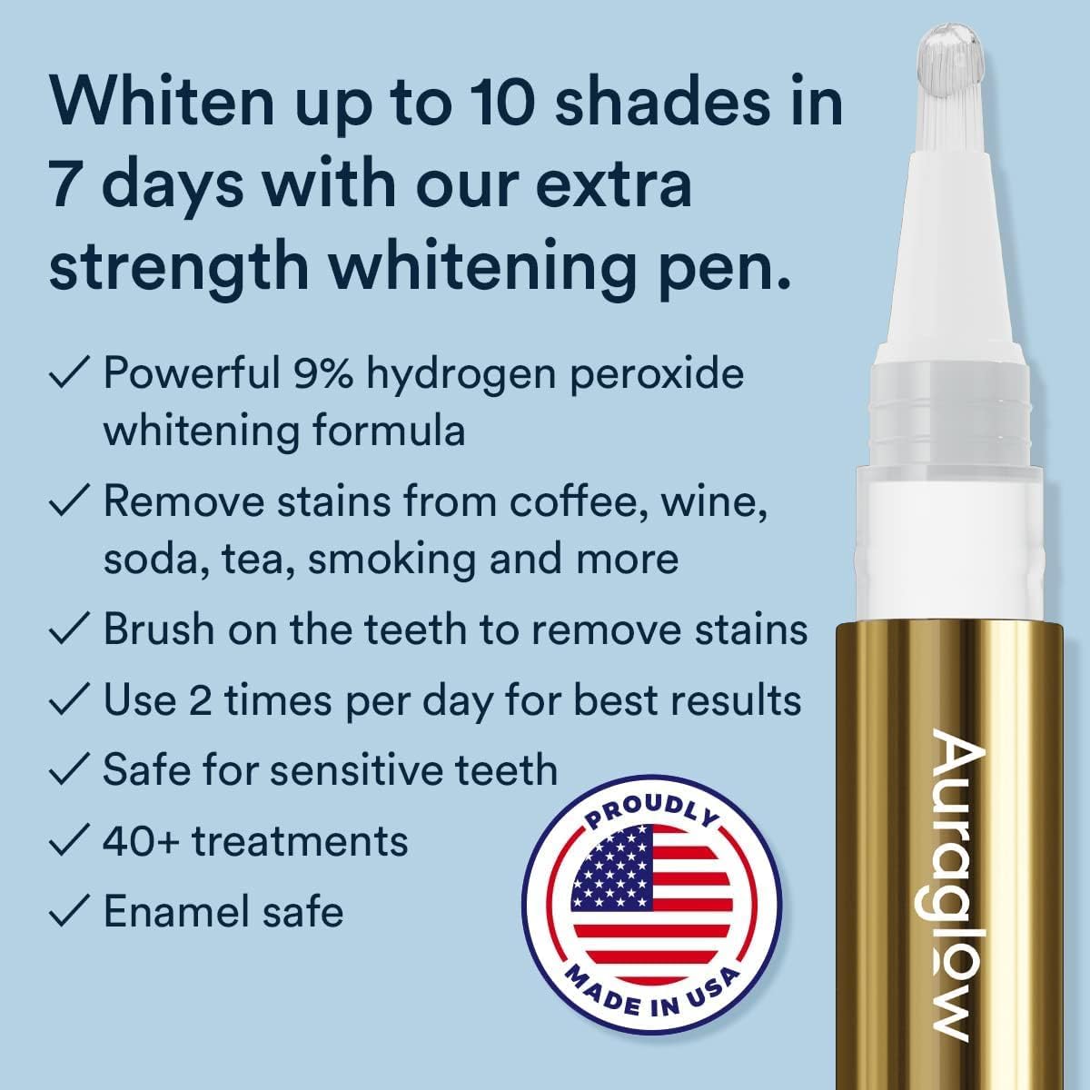 Auraglow Extra Strength Teeth Whitening Pen, 9% Hydrogen Peroxide, 40+ Whitening Treatments, Whitens Teeth Fast, No Sensitivity, 4mL - Image 2