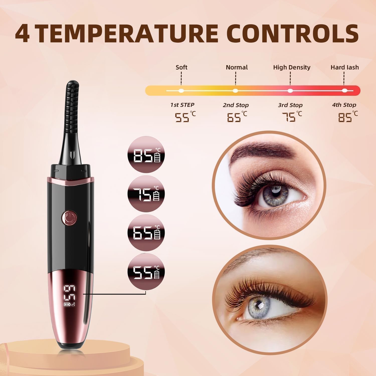 Heated Eyelash Curler, Fast Heat up Within 10s, 24 Hours Long Lasting, Rechargeable Electric Eyelash Curler, Temperature Control, Mini Lash Curler Safe Anti-Burn Eyelash Curle, with LED Display-black - Image 3