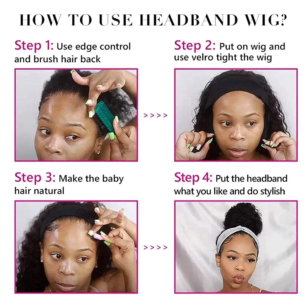XSY Headband Wig Human Hair Deep Wave 16 Inch Curly Headband Wigs Glueless None Lace Front Wigs for Black Women Deep Curly Headband Half Wigs 150% Density Natural Color - Image 5