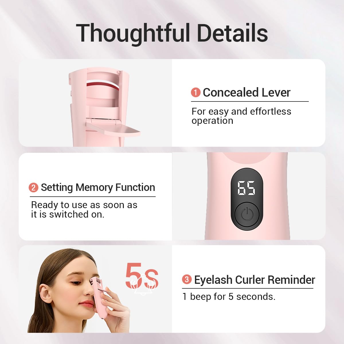 TOUCHBeauty Rechargeable Heated Eyelash Curler with LED Display, Featuring 3-Level Adjustable Temperature for a Natural, Long-Lasting Curl (Up to 24 Hours) AG-2316-Pink - Image 7