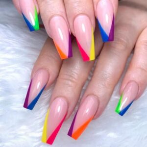 Colorful Triangle French Tip Fake Nails Extra Long Square Press on Nails Glossy Acrylic False Nails Full Cover Artificial Glue on Nails for Women Girls