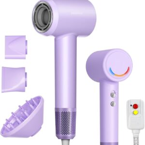 High-Speed Hair Dryer with 12,0000 RPM Brushless Motor for Fast Drying, 1800W Professional Ionic Blow Dryer with Diffuser and Magnetic Nozzles, Low Noise Hairdryer for Salon Home Travel(Purple)