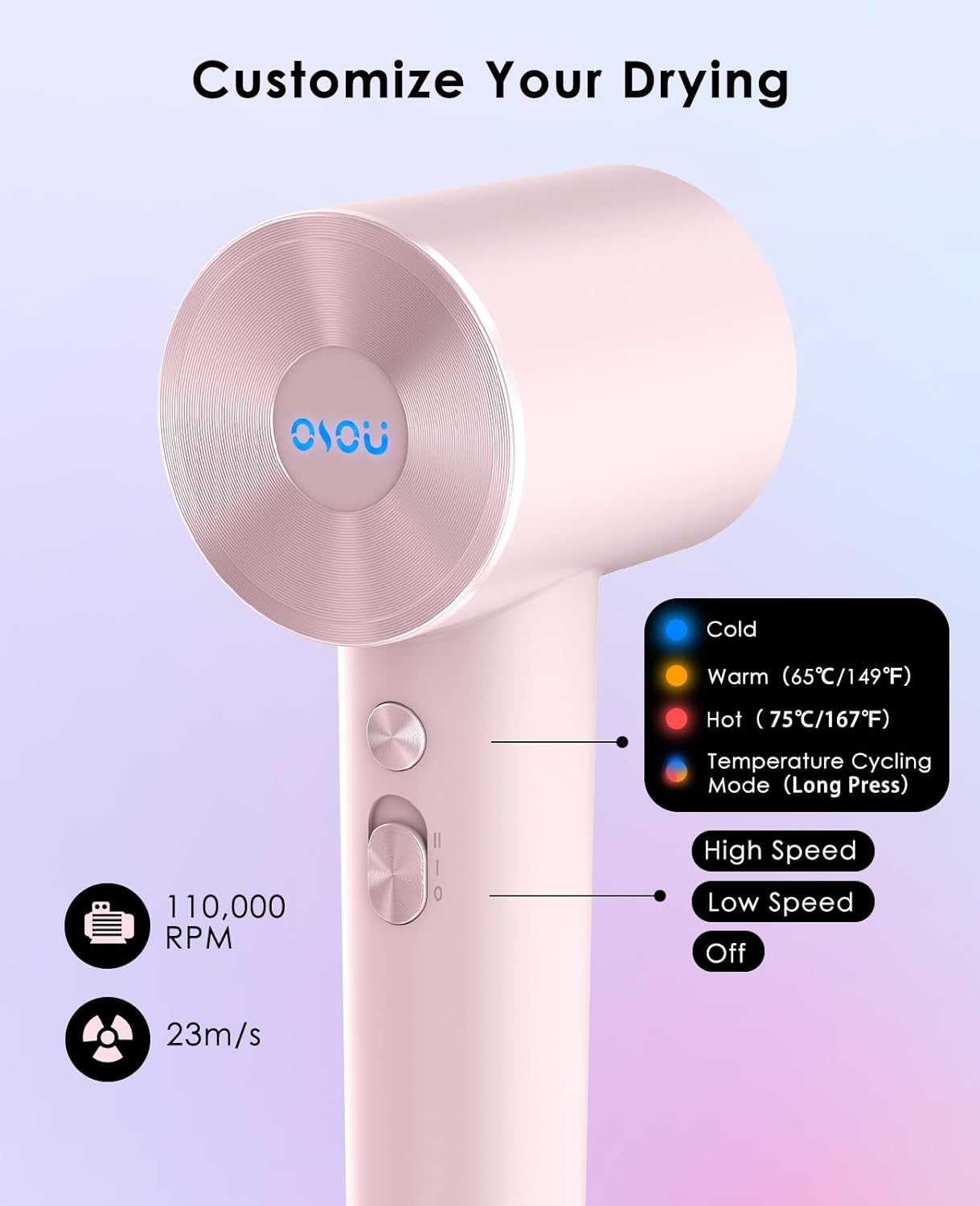 Hair Dryer, Negative Ionic Hair Dryers, High-Speed Blow Dryer with 110, 000 RPM Brushless Motor, Fast Drying Lightweight Travel Hairdryer, Low Noise Home Hair Dryer with Smooth Nozzle - Image 3