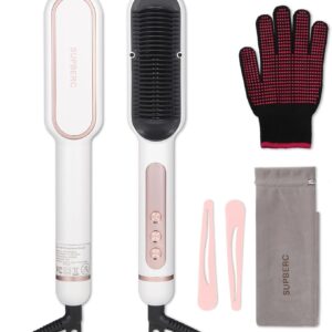 Negative Ionic Hair Straightener Brush with 9 Temp Settings, 30s Fast Heating Hair Straightening Comb with LED Display, Anti-Scald & Auto-Shut Off Hair Brush Straightener for Women (White)