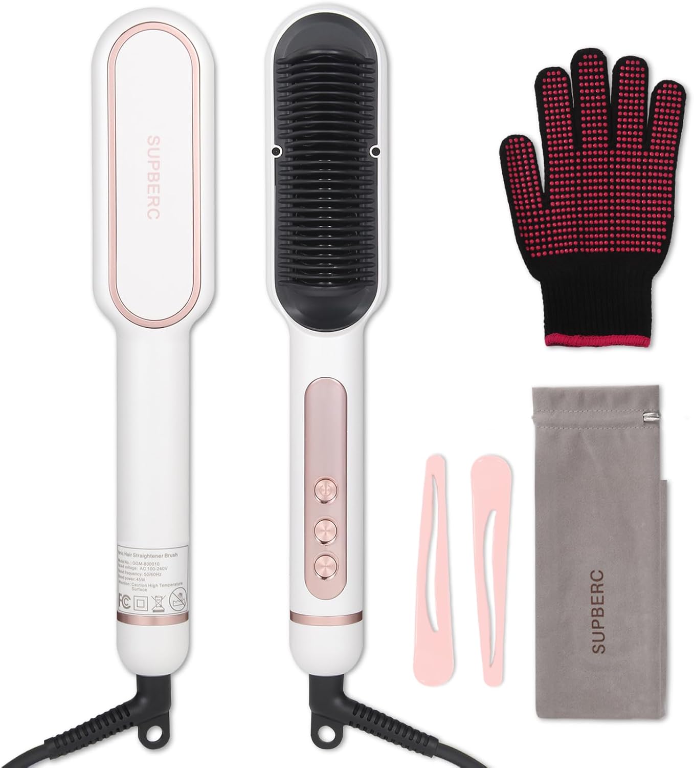 Negative Ionic Hair Straightener Brush with 9 Temp Settings, 30s Fast Heating Hair Straightening Comb with LED Display, Anti-Scald & Auto-Shut Off Hair Brush Straightener for Women (White)