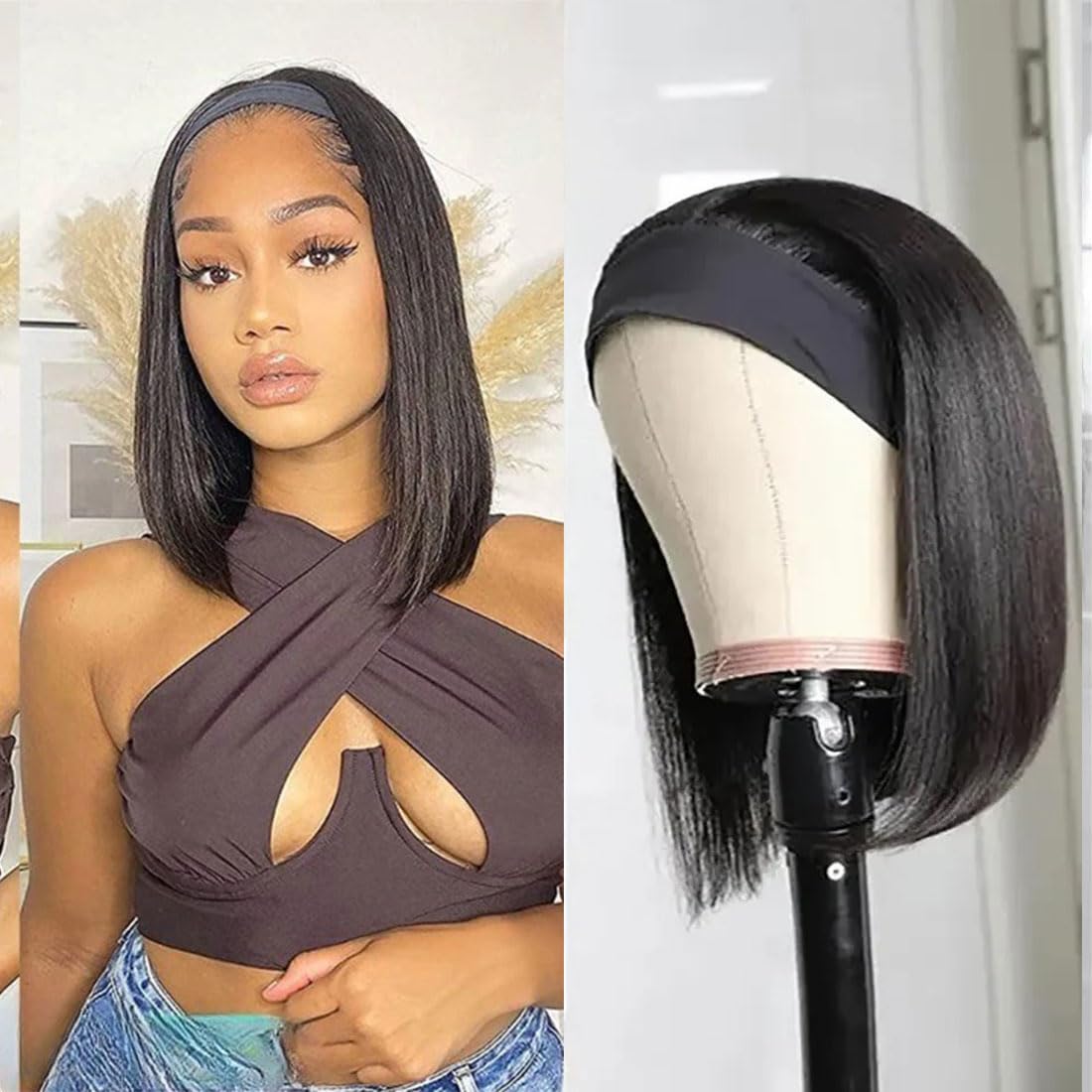 Annora Headband Bob Wig Human Hair Short Straight Headband Bob Wigs Human Hair for Black Women Wear and Go Glueles Wigs 150% Density None Lace Brazilian Virgin Hair 8 Inch