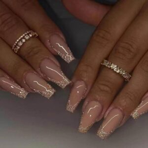 Long Press on Nails Square French Fake Nails Full Cover Nude Acrylic False Nails for Women and Girls 24PCS (Gold Shiny)