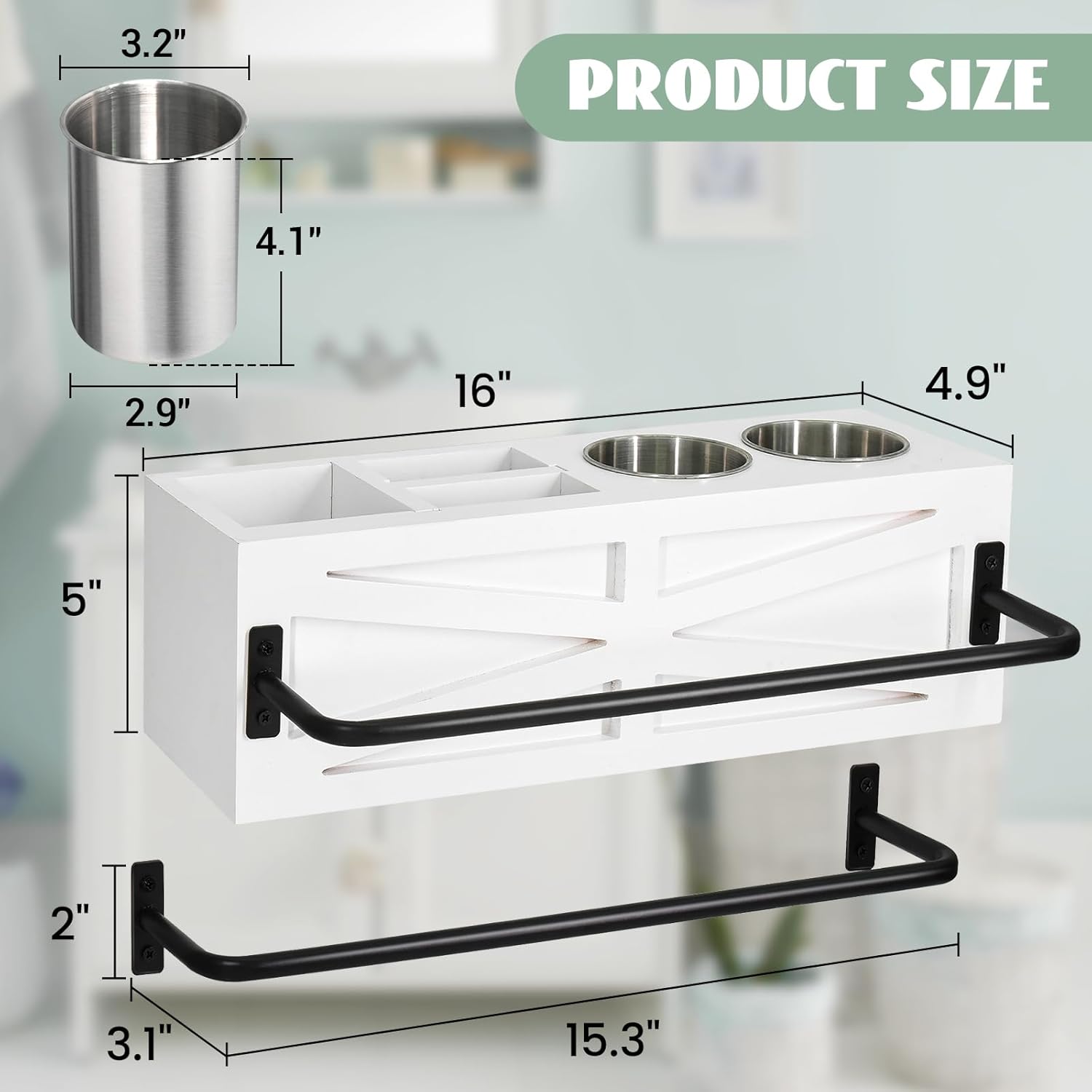 Hair Dryer Holder Wall Mount, Wood Hair Tool Organizer, White Hot Tools Organizer with 2 Towel Bars, Rustic Bathroom Organizer Blow Dryer Holder for Bathroom Decor, Flat Iron, Curling Wand, Brushes - Image 7