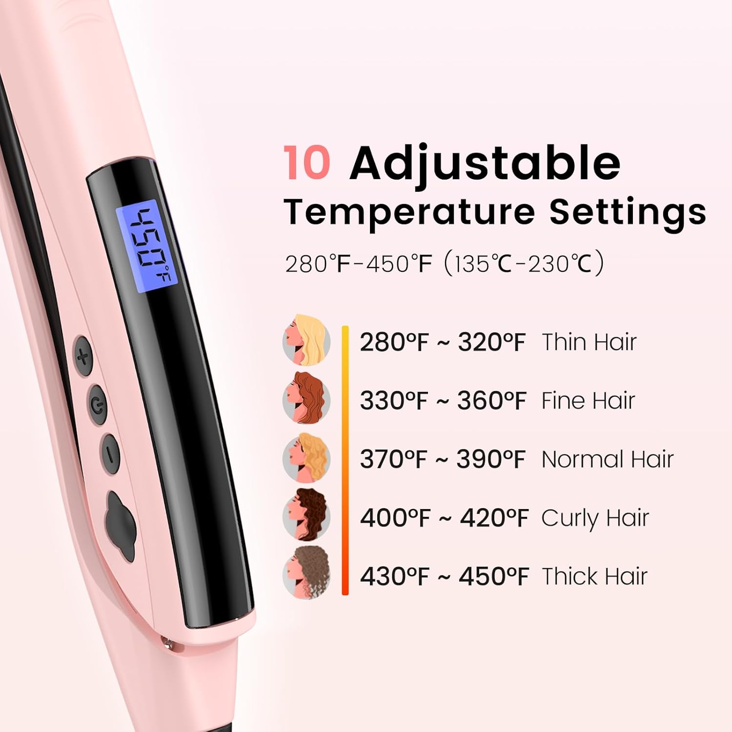 Brightup Tourmaline Ceramic Hair Straightener and Curler 2 in 1 with 1 Inch Vibrating Plates, Ionic Flat Iron with 10 Temp Control/Auto Shut Off, 20S Fast Heating for Smooth Long Lasting Results, Pink - Image 5