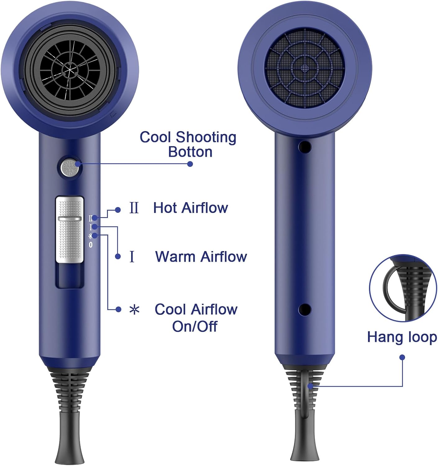 Slopehill Professional Ionic Hair Dryer, Powerful 1800W Fast Drying Low Noise Blow Dryer with 2 Concentrator Nozzle 1 Diffuser Attachments for Home Salon Travel (Prussian Blue) - Image 6