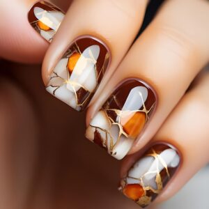 Short Square Press on Nails with Designs Marble Texture Fake Nails Acrylic Glue on Nails Brown False Nails Glossy Full Cover Stick on Nails for Women Artificial Nails 24 Pcs