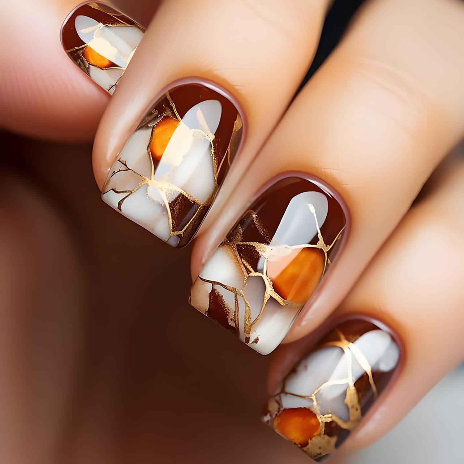 Short Square Press on Nails with Designs Marble Texture Fake Nails Acrylic Glue on Nails Brown False Nails Glossy Full Cover Stick on Nails for Women Artificial Nails 24 Pcs