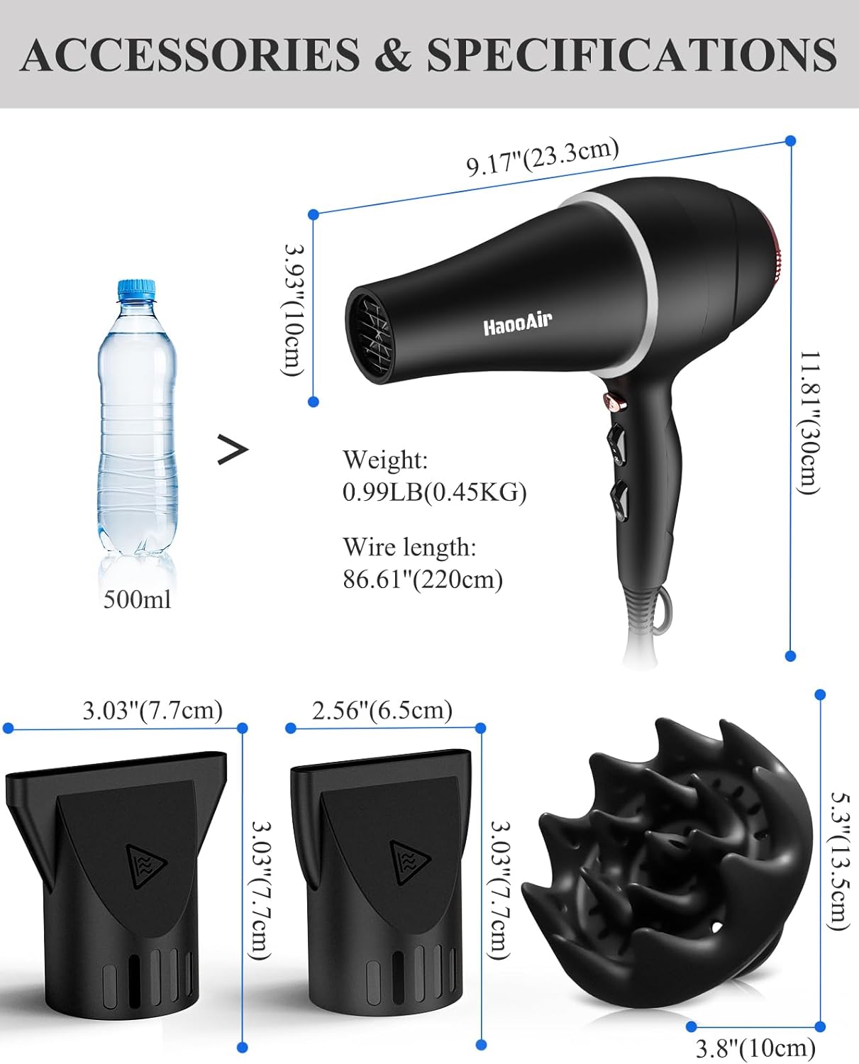 Hair Dryer with Diffuser, Professional Ionic Hair Dryer with Blue Light AC Motor, 2000W Fast Drying Hair Blow Dryer Low Noise Care Hairdryer for Women (Black with 2*Nozzle+Diffuser) - Image 8