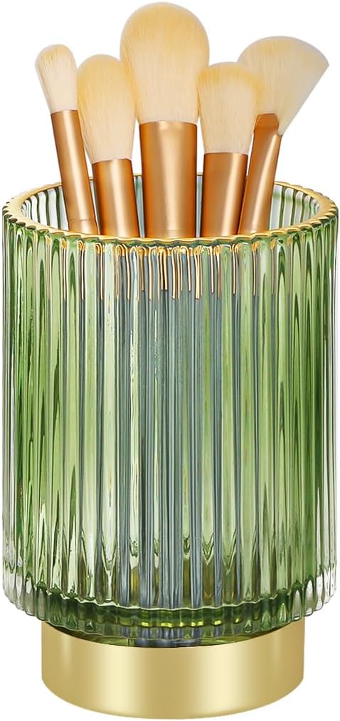 Vintage Makeup Brush Holder Organizer,Dresser Glass Brushes Holder,Vanity Cosmetic Brush Holder,Desktop Crystal Eyeliners Eyebrow Pencil Storage Cup Holder for Countertop (Large Green)