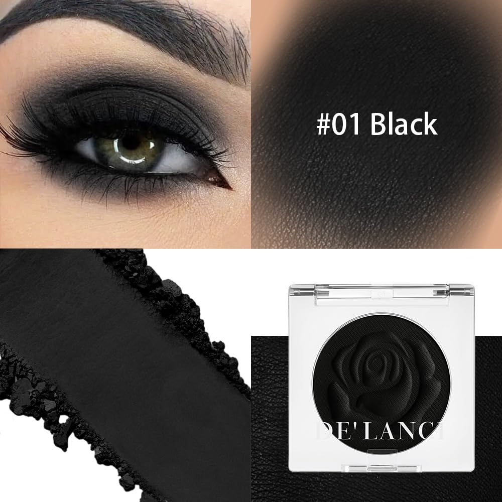 DE'LANCI Single Black Eyeshadow, Matte Eyeshadow Black Eyes Goth Smokey Makeup, Long Lasting Blendable Single Dark Eye Shadow Pallet, for Smoky SFX Halloween Makeup Eyeliner Face Body Paint, #01 - Image 2