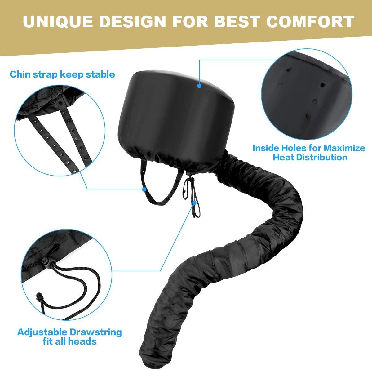 Bonnet Hood Hair Dryer Attachment Set - Soft Adjustable Hooded Bonnet for Hand Held Hair Dryer - Including Head Band for Drying Styling Curling Deep Conditioning - Image 2