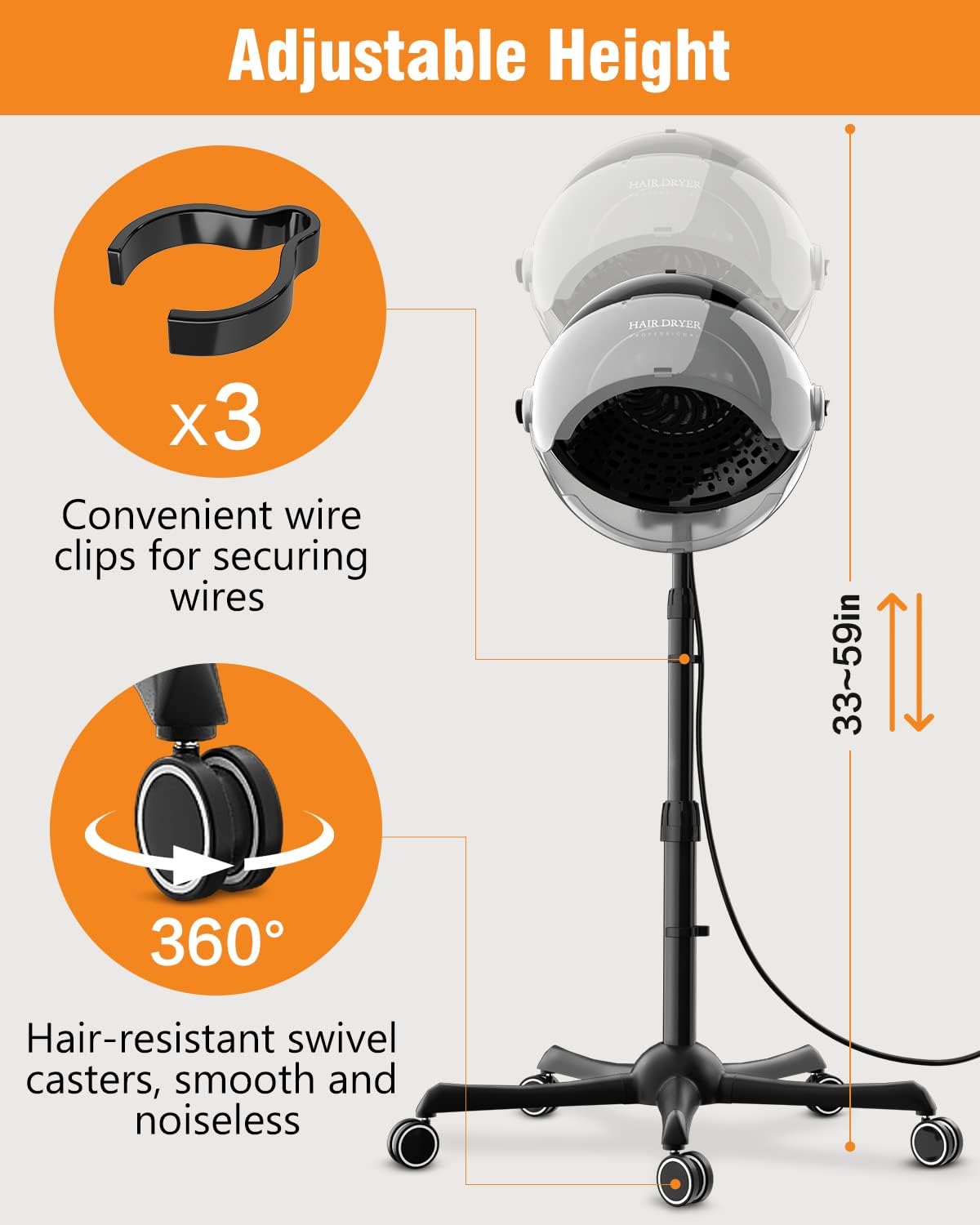 Ionic 1875W Standing Hooded Hair Dryer with Adjustable Bonnet, 3 Heat Settings, and Wheels - Image 7