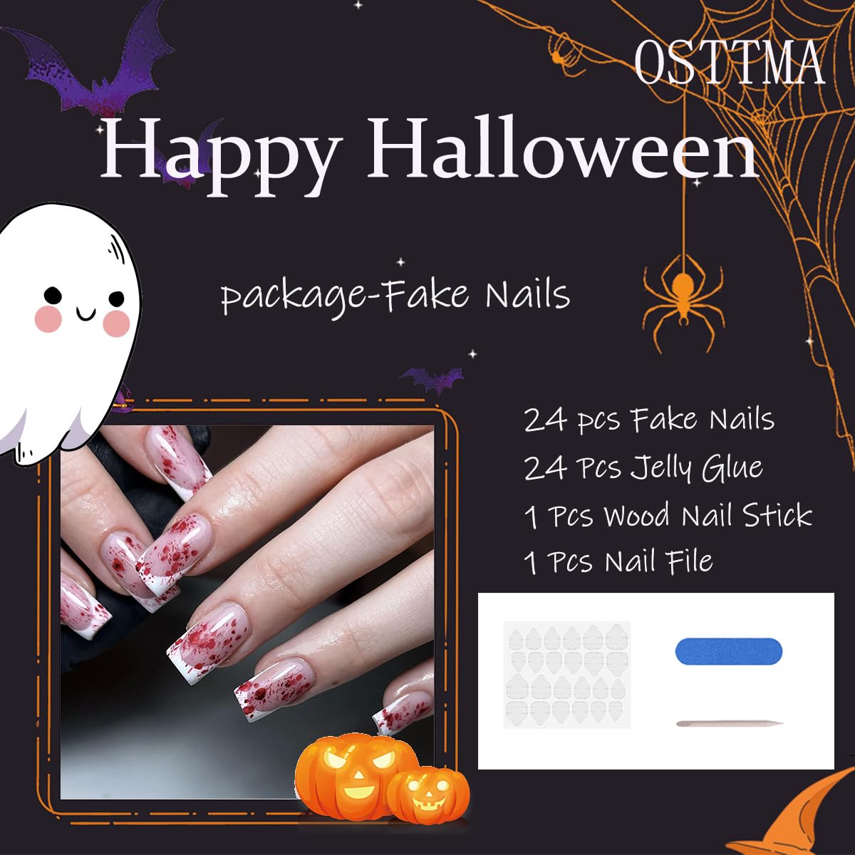 24pcs Horror Gothic Press on Nails - Short Square, French Tip, Full Cover, Glue on Nails - Bleeding Acrylic Designs for Halloween - Image 5