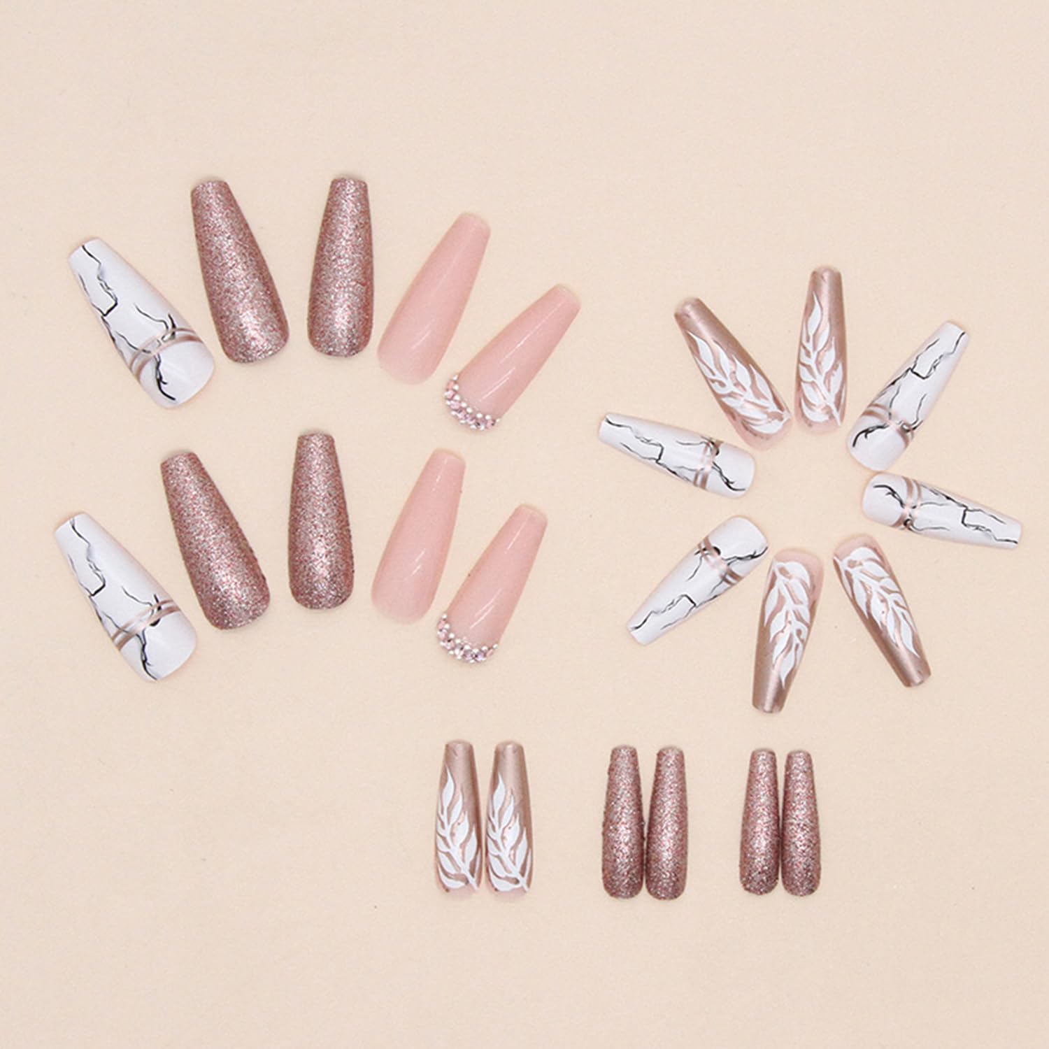 Rose Gold Glitter Press on Nails Square Extra Long Ballerina Fake Nails White Leaves Marble Pattern False Nails with Rhinestones Design Reusable Full Cover Artificial Nails with Glue Stick on Nails - Image 3