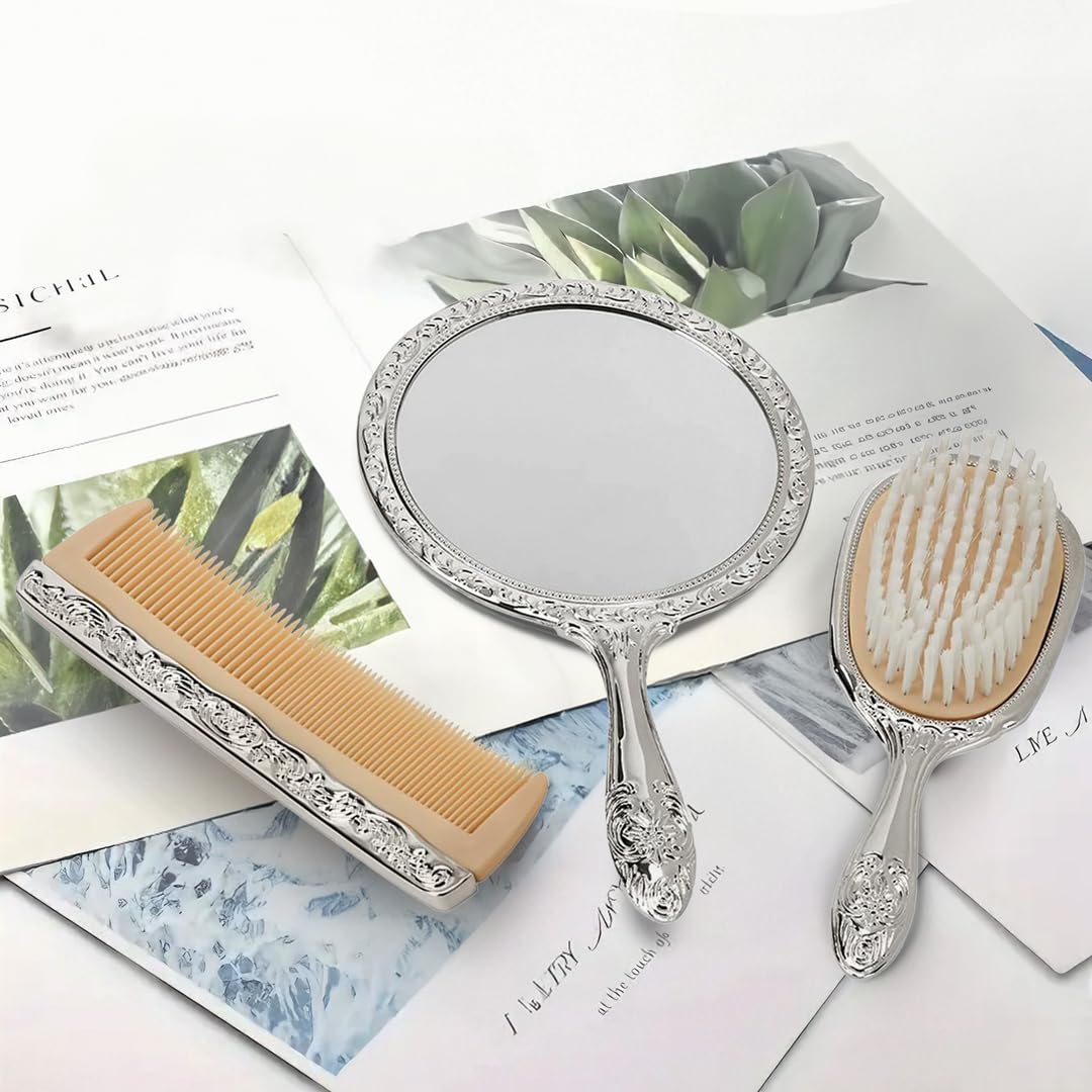 Nickel Plated Brass, Non-Tarnished 3-Piece Vanity Set, Brush, Comb, Mirror Set with Embossed Ornate Vintage Designs, Gift Box Included - Image 7