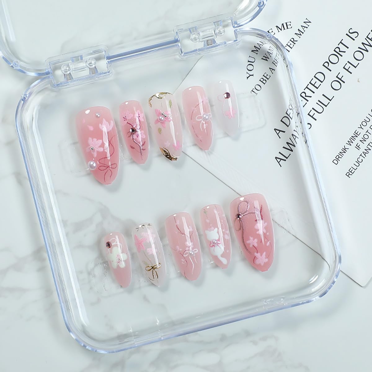 30Pcs Pink Flower Press on Nails Medium Almond Fake Nails Peach Blossom with 3D Rhinestones Pearl Gold Glitter Design Artificial Cute Cat Nails Stick on Nails Spring False Nails for Women Acrylic Nail - Image 4