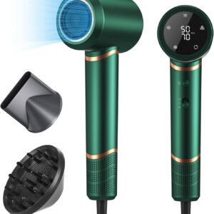 Hair Dryer - 110000 RPM High-Speed Brushless Motor Negative Ionic Blow Dryer for Fast Drying, Low Noise Thermo-Control Hair-Dryer-2 Speed and 3 Heat Settings, Cold Air Button with 1 Diffuser-Green