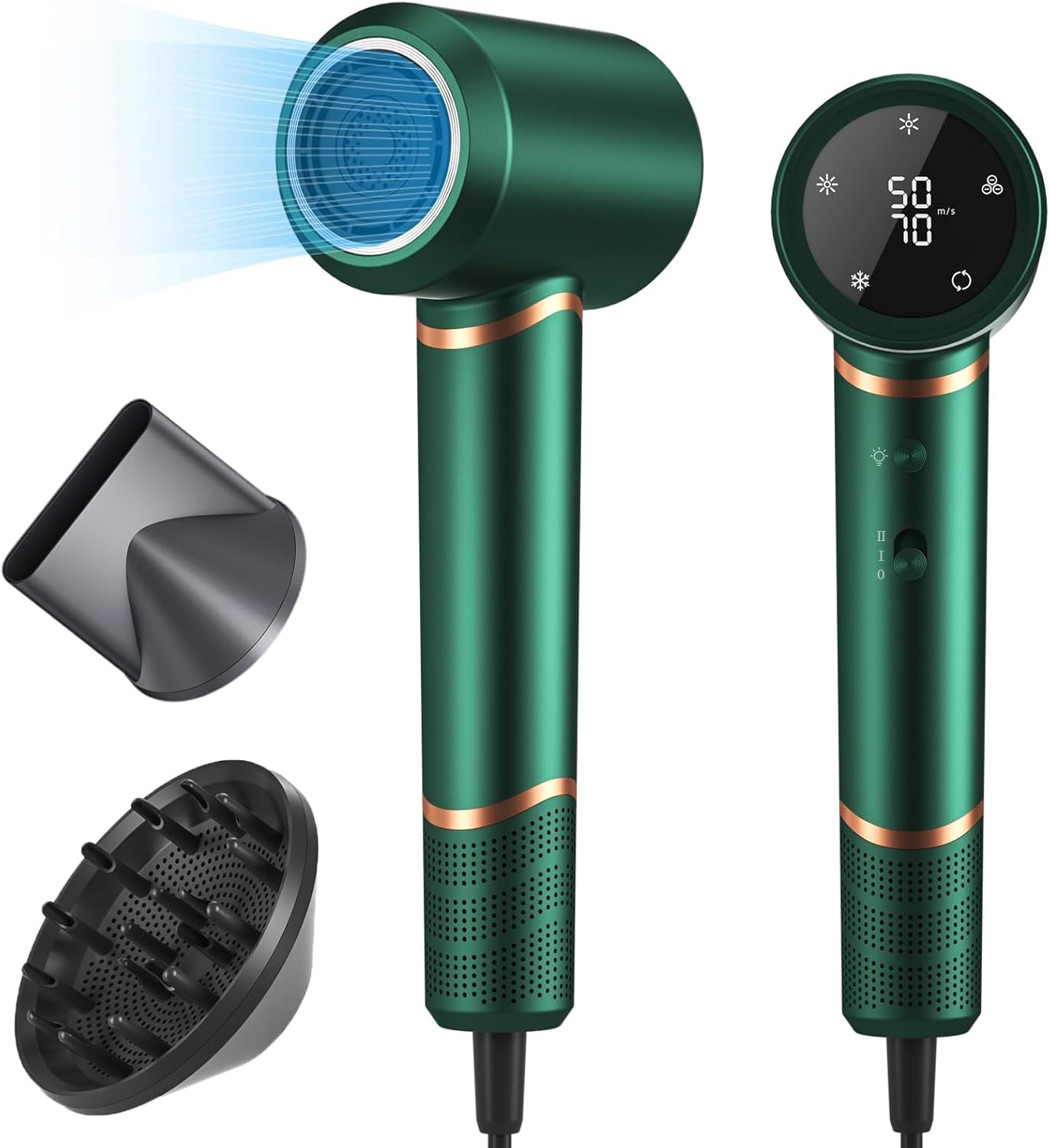 Hair Dryer - 110000 RPM High-Speed Brushless Motor Negative Ionic Blow Dryer for Fast Drying, Low Noise Thermo-Control Hair-Dryer-2 Speed ββand 3 Heat Settings, Cold Air Button with 1 Diffuser-Green