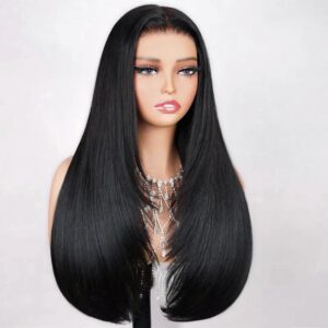TESLAL Blend Wigs Human Hair Glueless Wear and Go Glueless Wigs Human Hair Pre Plucked Pre Cut Layered Wig Straight 6X6 Synthetic and Human Hair Blend Wig 20Inch Black Color 260% Density