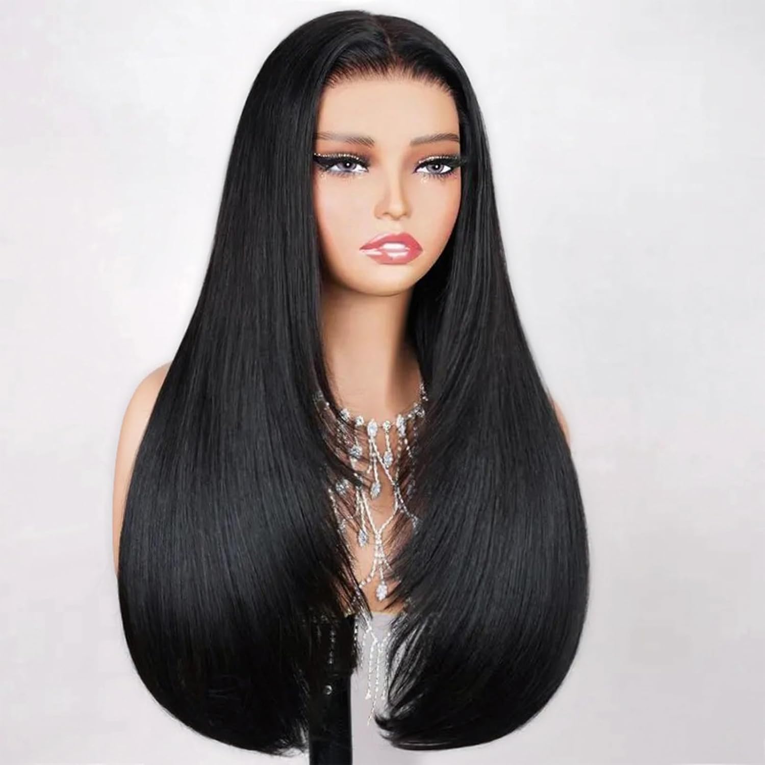 TESLAL Blend Wigs Human Hair Glueless Wear and Go Glueless Wigs Human Hair Pre Plucked Pre Cut Layered Wig Straight 6X6 Synthetic and Human Hair Blend Wig 20Inch Black Color 260% Density