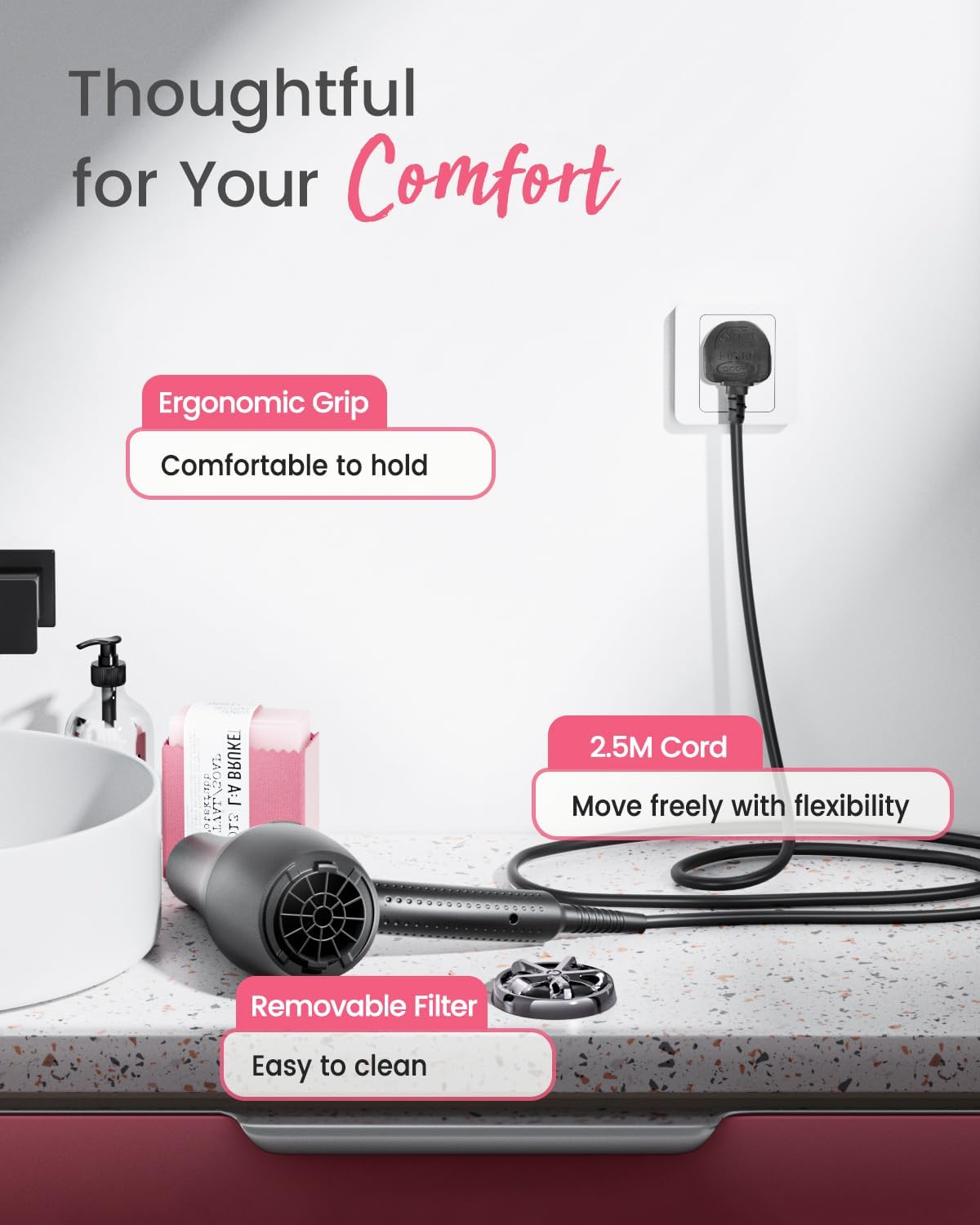 Professional Ionic Hair Dryer AC Motor Fast Drying Salon Blow Dryer with Diffuser, Comb, Nozzle, Concentrator, for Curly and Straight Hair, 2 Speed & 3 Heat Setting, Cool Button, Black - Image 8