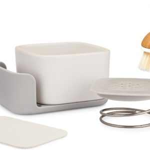 Full Circle Bubble Up Combo - Elegant Gray Ceramic Soap Dish with Plant-Based Sponge & Bamboo-Handled Dish Brush - Versatile Natural Kitchen Cleaning Set Tool for Pots, Pans, Counter & Sink, White