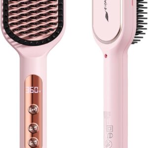 LANVIER Hair Straightener Brush, Ionic Straightening Brush with Infrared, Heated Straightening Comb with Negative Ions, Dense Bristles, 32 Temps, Dual Voltage, Flat Iron Comb for All Hair Type