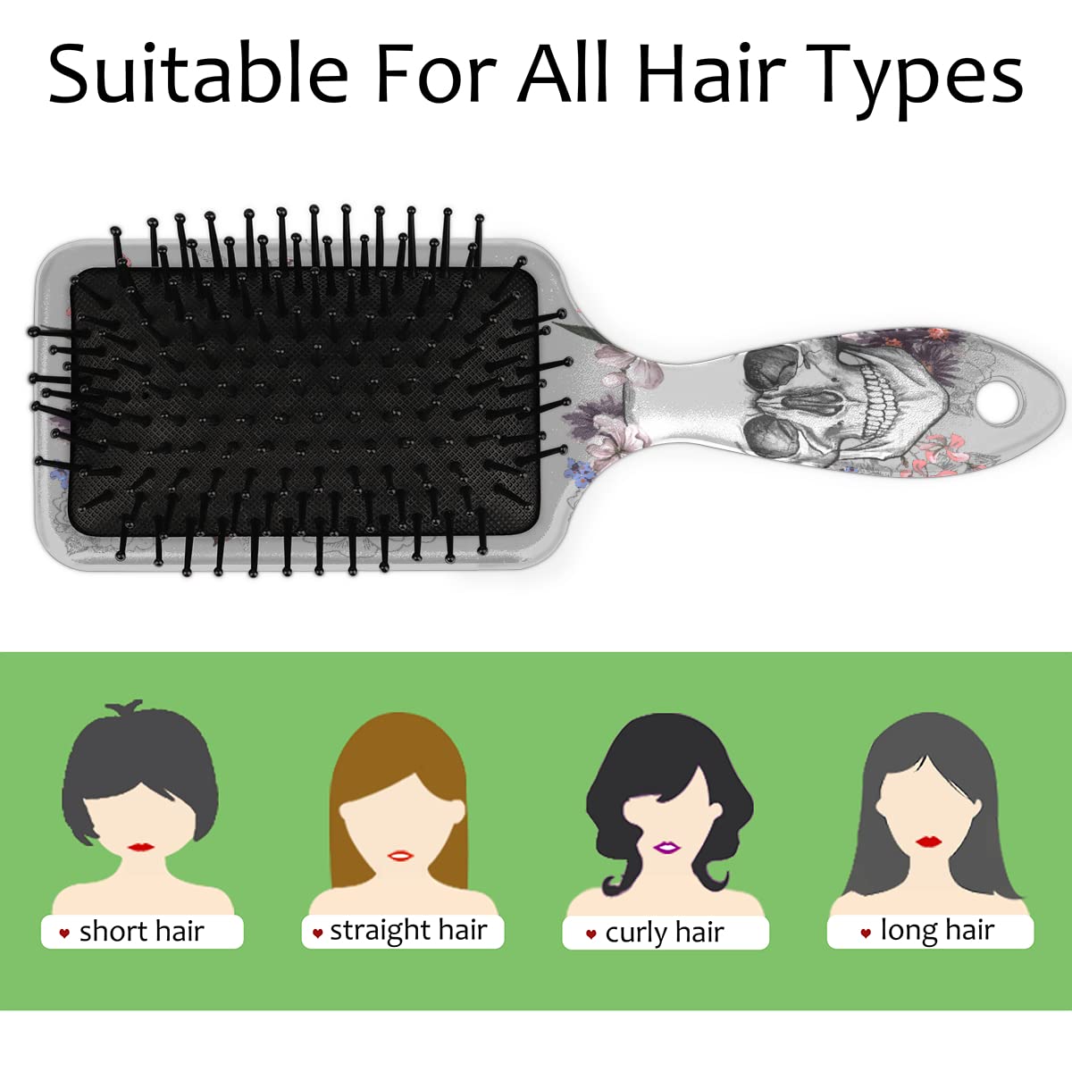 Flower Skull Hair Brush, Day of the Dead Sugar Skull Wet Dry Air Cushion Hair Brush Plastic Detangler Hair Brush for Kids Adults Back To School Gift Women Men - Image 3