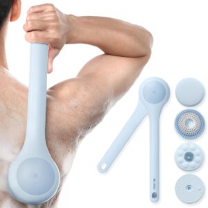Electric Body Brush Back Scrubber for Shower, Waterproof Long Dual Handle Power Body Scrubber with 3 Heads, Rechargeable Bath Brush & 2 Speeds, for Cleansing, Exfoliating and Massaging Skin